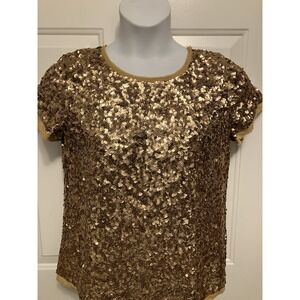 Women's‎ Talbots Sz 12 Gold Silk Sequin Lined Short Sleeve Round Neck Blouse NYE